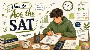 Student studying with SAT books, calculator, notes, and practice plan in a hand-drawn illustration for How to Ace the SAT guide by num8ers.com