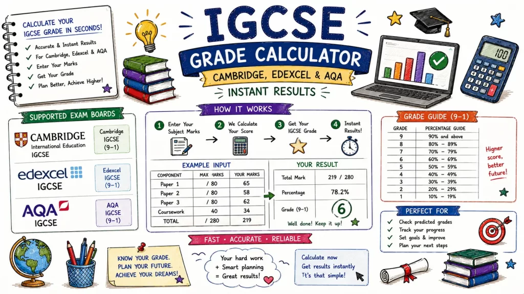 Hand-drawn IGCSE grade calculator image with Cambridge, Edexcel, AQA exam boards, marks input, instant results, grade guide, and calculator