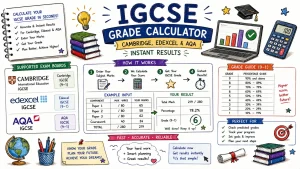 Hand-drawn IGCSE grade calculator image with Cambridge, Edexcel, AQA exam boards, marks input, instant results, grade guide, and calculator