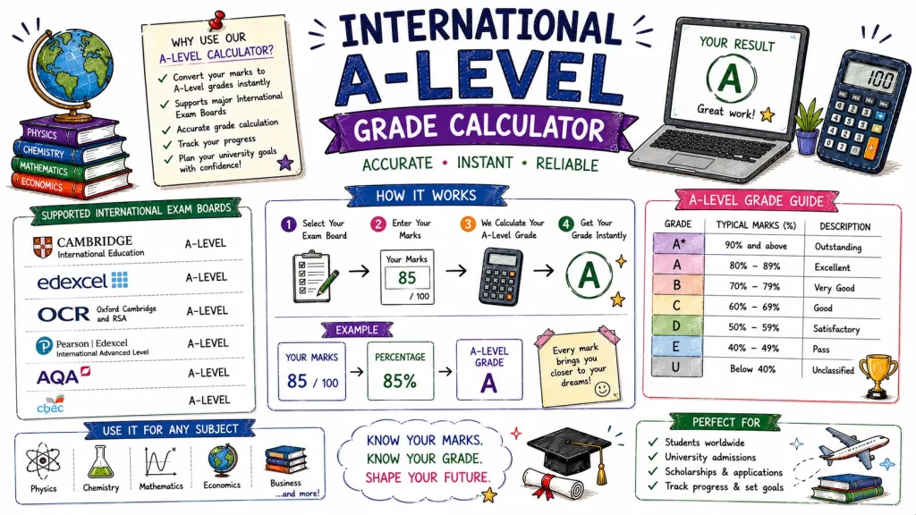 Hand-drawn International A-Level grade calculator image with exam boards, marks input, grade guide, instant result screen, calculator, and global study icons