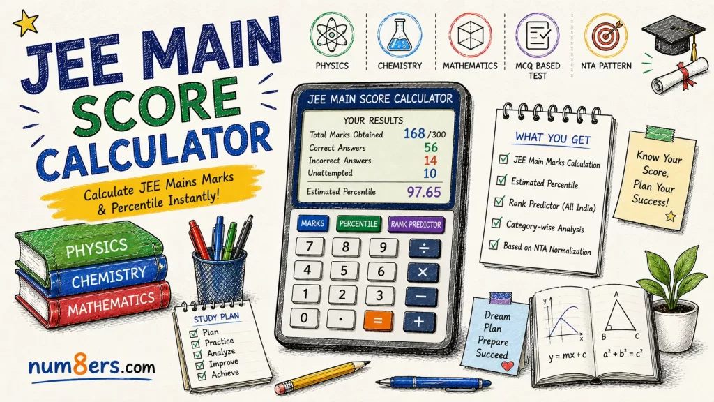 Hand-drawn JEE Main Score Calculator illustration featuring JEE Mains marks calculator, percentile predictor, Physics, Chemistry, and Mathematics study materials for engineering entrance exam preparation.