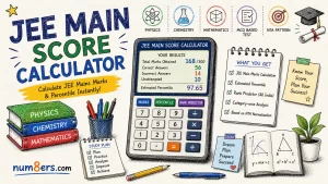 Hand-drawn JEE Main Score Calculator illustration featuring JEE Mains marks calculator, percentile predictor, Physics, Chemistry, and Mathematics study materials for engineering entrance exam preparation.