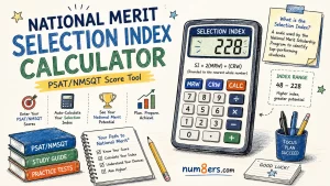 Hand-drawn National Merit Selection Index Calculator illustration featuring a PSAT/NMSQT score calculator, study books, score analysis notes, and academic planning elements for scholarship preparation.
