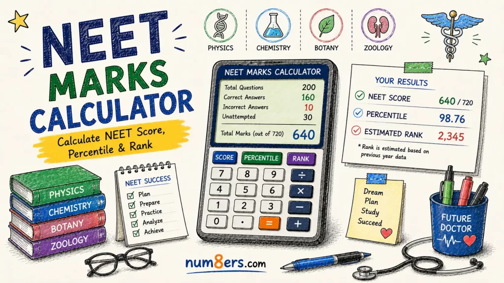 Hand-drawn NEET Marks Calculator illustration featuring NEET score calculator, percentile and rank estimation, Physics, Chemistry, Botany, and Zoology study materials for medical entrance exam preparation.