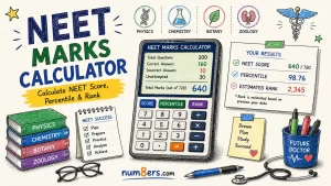 Hand-drawn NEET Marks Calculator illustration featuring NEET score calculator, percentile and rank estimation, Physics, Chemistry, Botany, and Zoology study materials for medical entrance exam preparation.