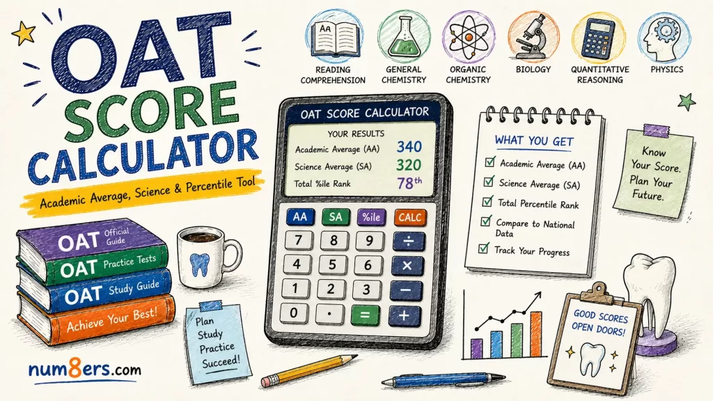 Hand-drawn OAT Score Calculator illustration featuring Academic Average, Science Average, percentile ranking calculator, study materials, and optometry exam preparation elements.