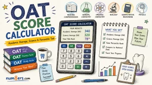 Hand-drawn OAT Score Calculator illustration featuring Academic Average, Science Average, percentile ranking calculator, study materials, and optometry exam preparation elements.