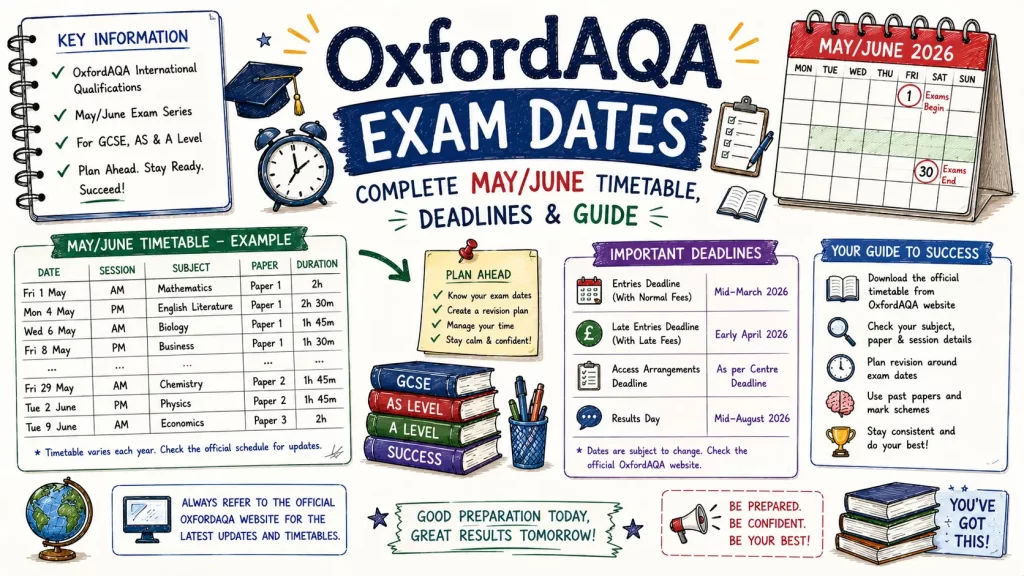 Hand-drawn OxfordAQA exam dates image with May June timetable, important deadlines, calendar, study guide notes, and exam preparation tips