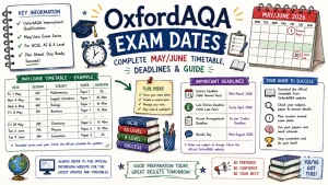 Hand-drawn OxfordAQA exam dates image with May June timetable, important deadlines, calendar, study guide notes, and exam preparation tips