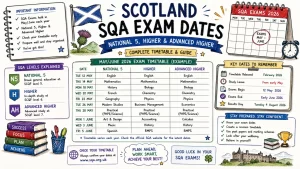 Hand-drawn Scotland SQA exam dates image with National 5, Higher, Advanced Higher timetable, key dates, calendar, and study tips