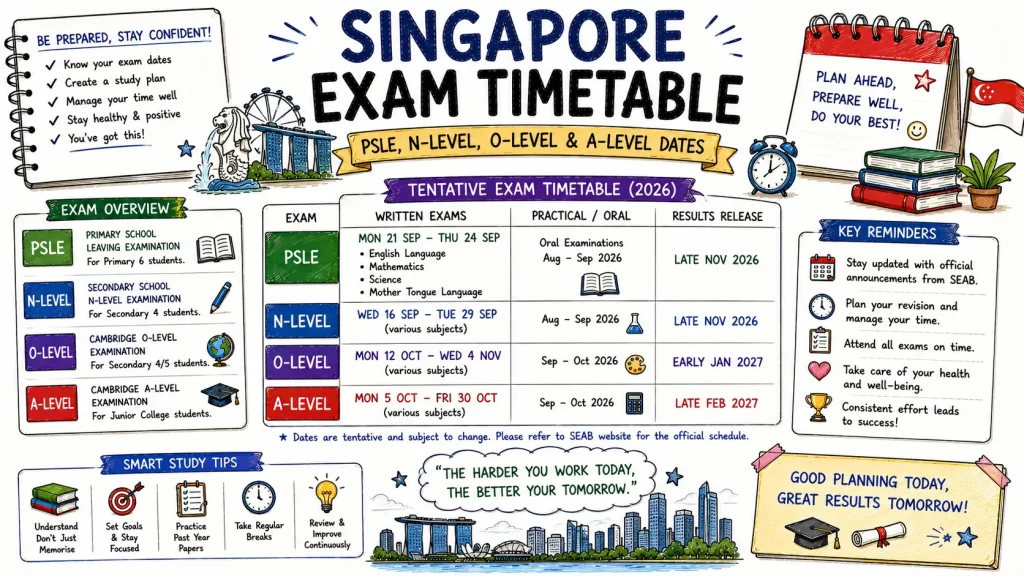 Hand-drawn Singapore exam timetable image with PSLE, N-Level, O-Level, A-Level dates, exam overview, key reminders, and study tips