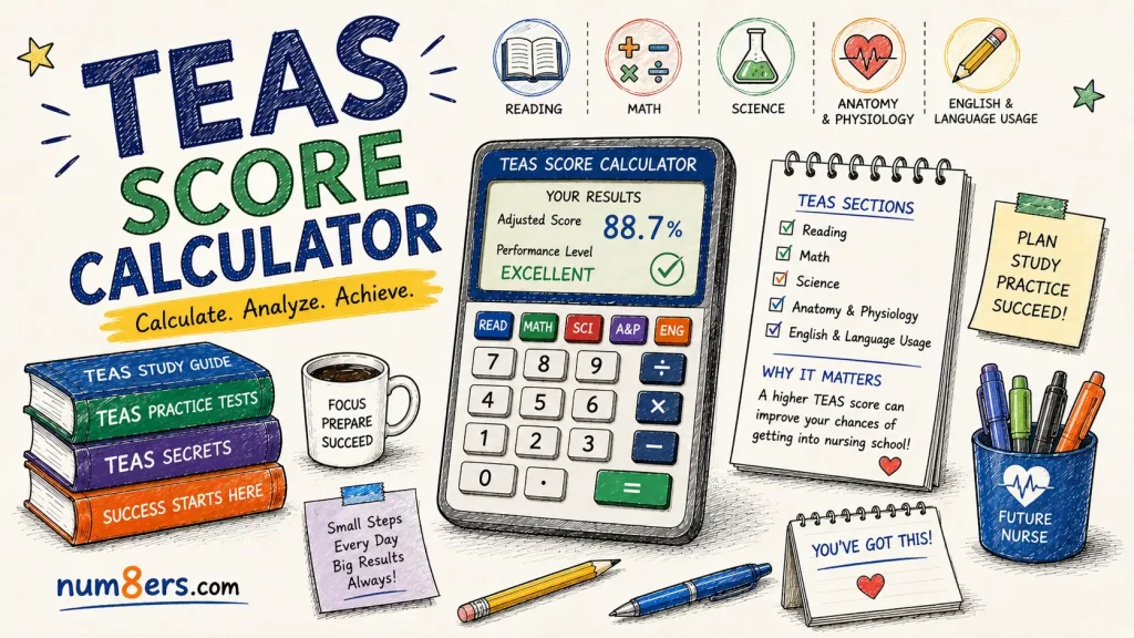 Hand-drawn TEAS Score Calculator illustration featuring ATI TEAS exam sections, score calculator, nursing study materials, and academic preparation elements for nursing school admissions.