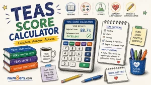 Hand-drawn TEAS Score Calculator illustration featuring ATI TEAS exam sections, score calculator, nursing study materials, and academic preparation elements for nursing school admissions.