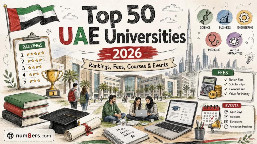 Top 50 UAE Universities 2026 guide with rankings, fees, courses, events and campus illustration