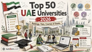 Top 50 UAE Universities 2026 guide with rankings, fees, courses, events and campus illustration