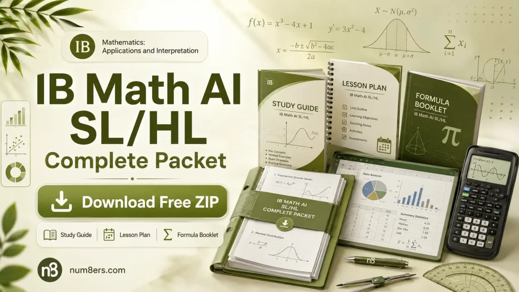 IB Math AI SL/HL complete packet download with study guide, lesson plan, formula booklet, charts, calculator, and math resources
