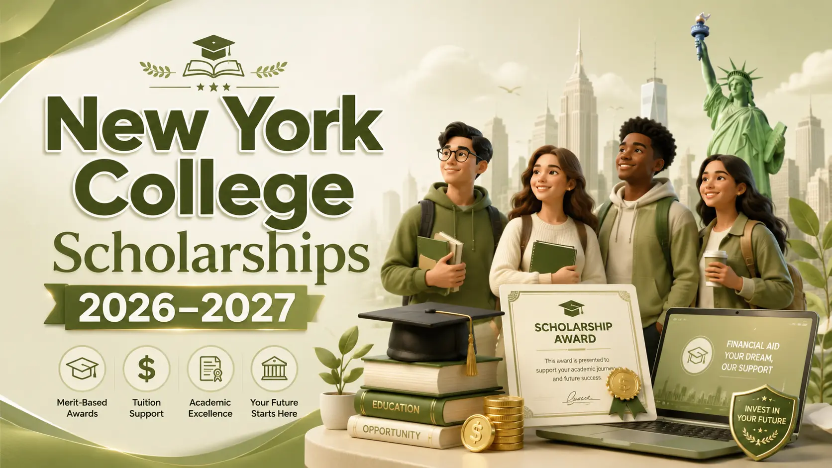 New York college scholarships 2026-2027 guide with scholarship cards and apply links