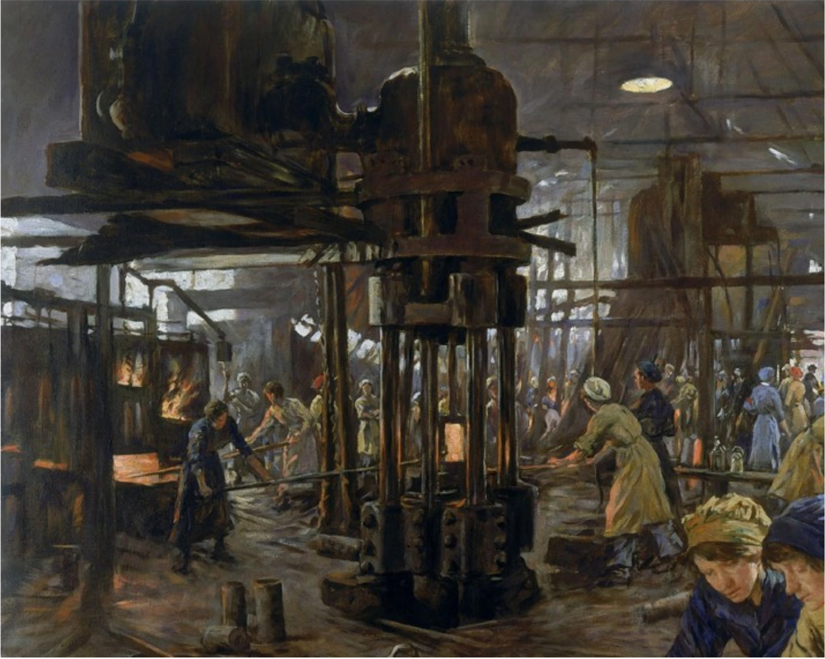 Stanhope Forbes painting The Munitions Girls (1918), showing women handling shells and operating heavy machinery in a wartime factory
