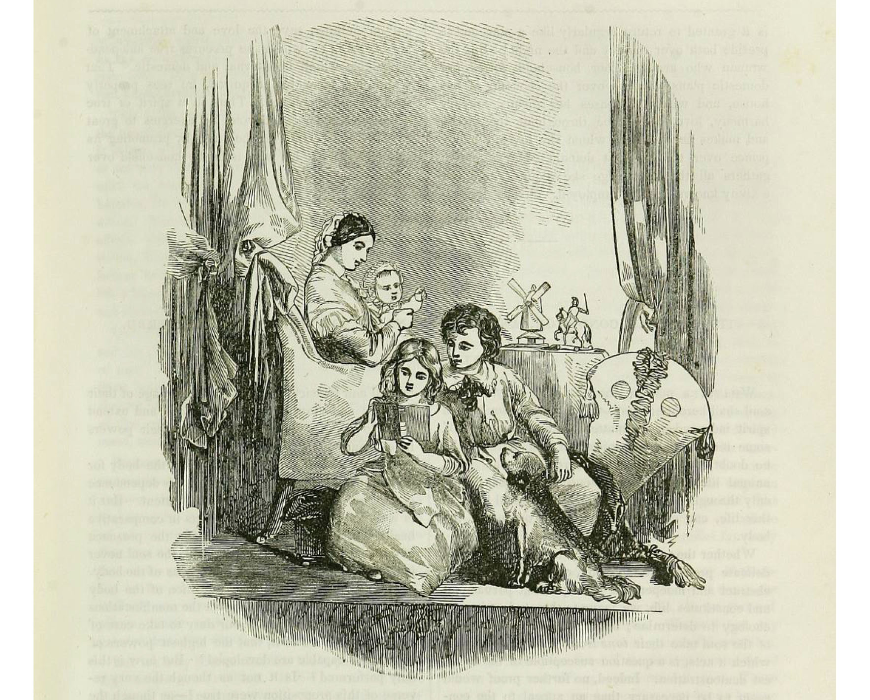 Document 6 illustration titled The Sphere of Woman showing a woman and children in a domestic interior, published in Godey's Lady's Book around 1850