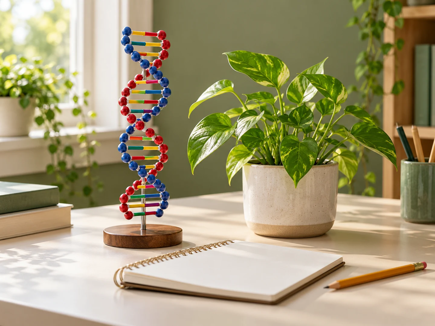 A DNA teaching model beside a leafy plant and notebook on a cream study desk.
