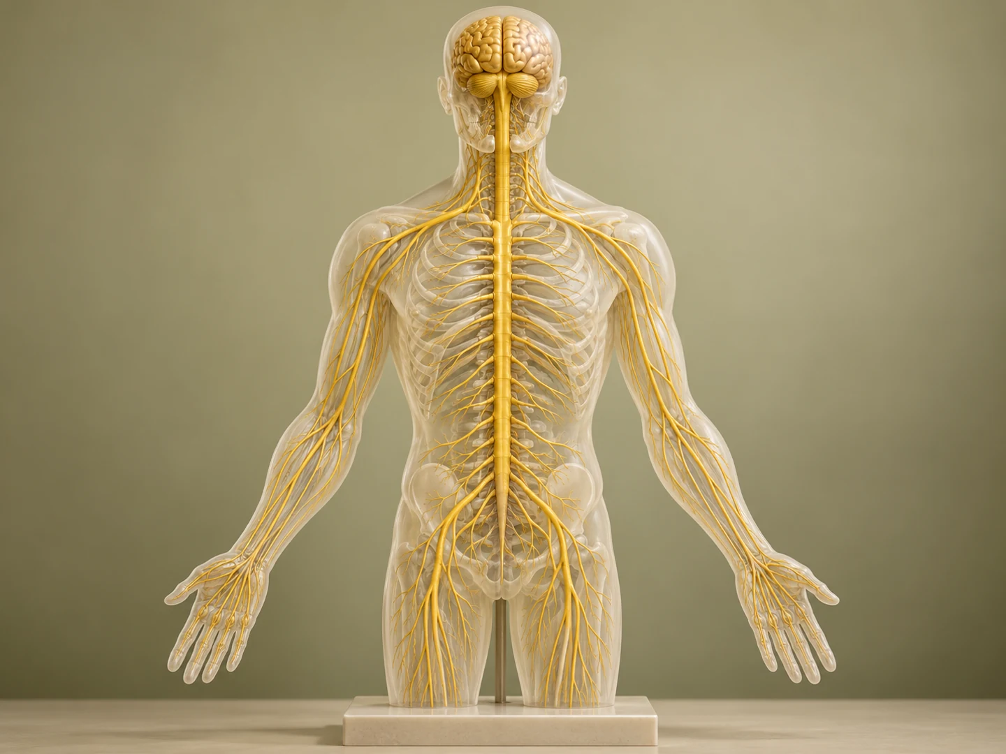 An illustrative anatomical teaching model showing the brain, spinal cord and branching peripheral nerves.