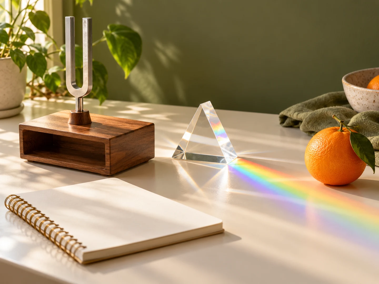 A tuning fork, glass prism casting a rainbow and orange fruit on a cream study desk.