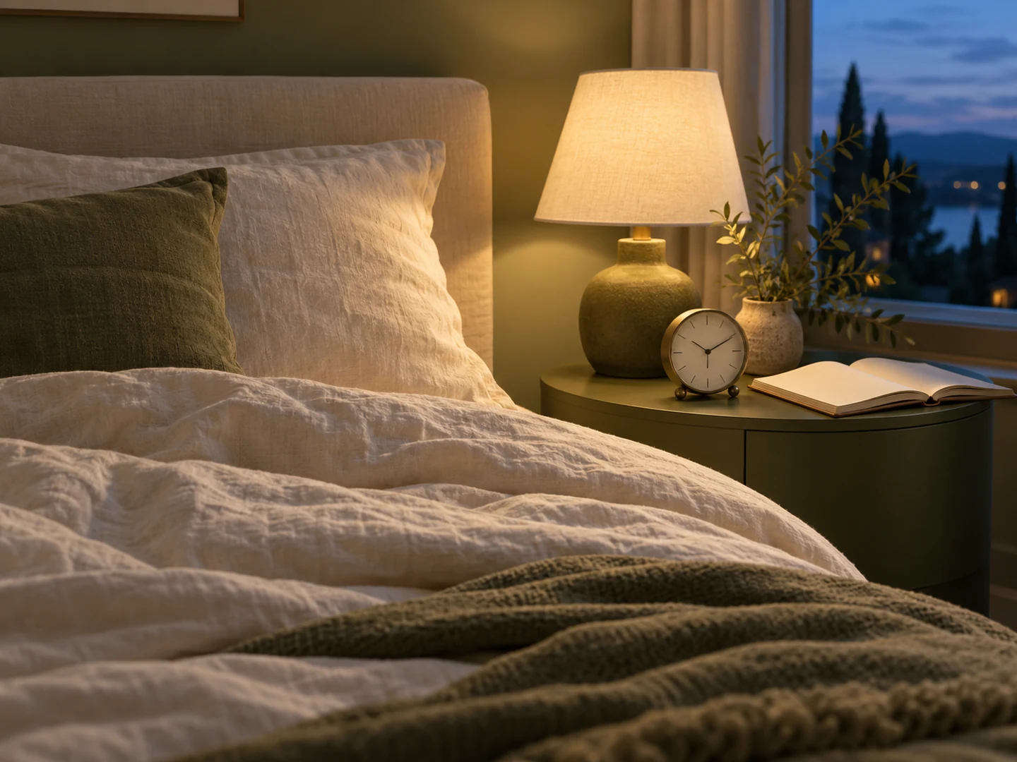 A calm cream bedroom with an analog clock, notebook and warm bedside lamp at dusk.
