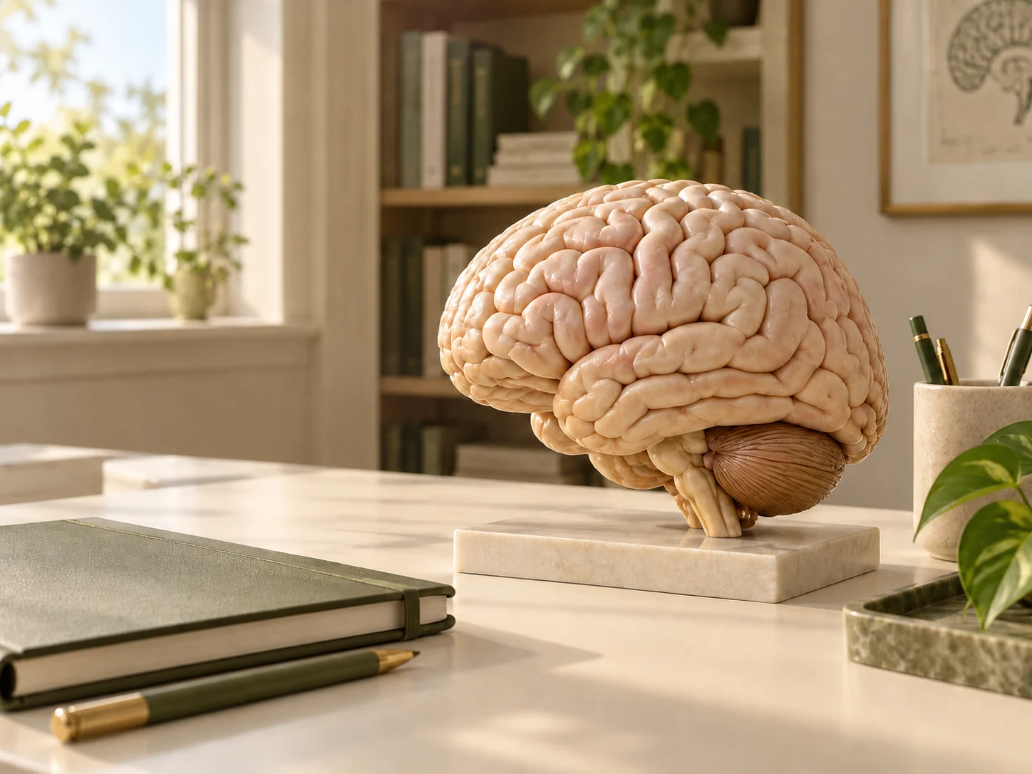 An anatomical brain model on a cream study desk beside books.
