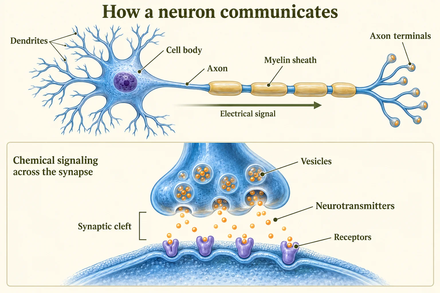 Labeled neuron and enlarged chemical synapse illustrating electrical conduction and chemical communication.