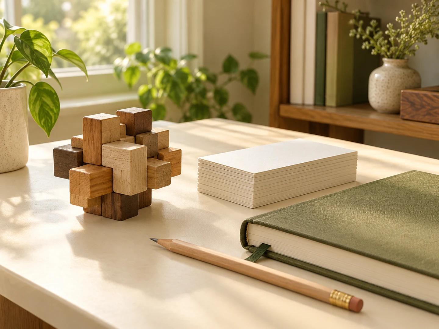 A wooden puzzle, blank index cards and olive notebook on a cream study desk.