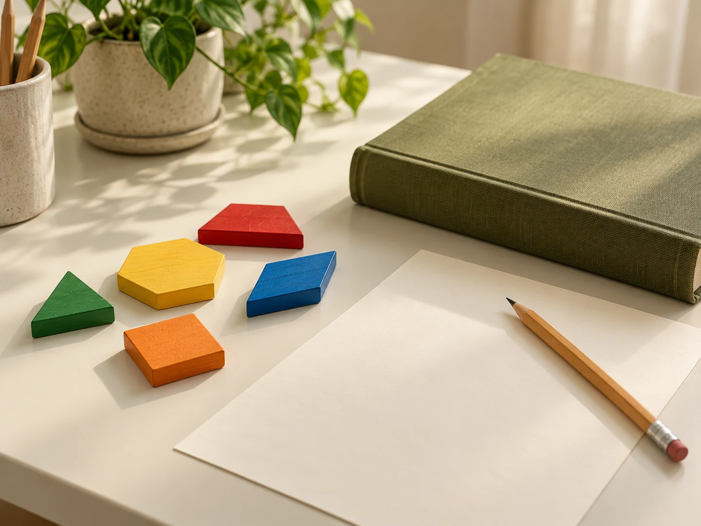 Colored wooden pattern blocks, a blank response sheet and an olive book.
