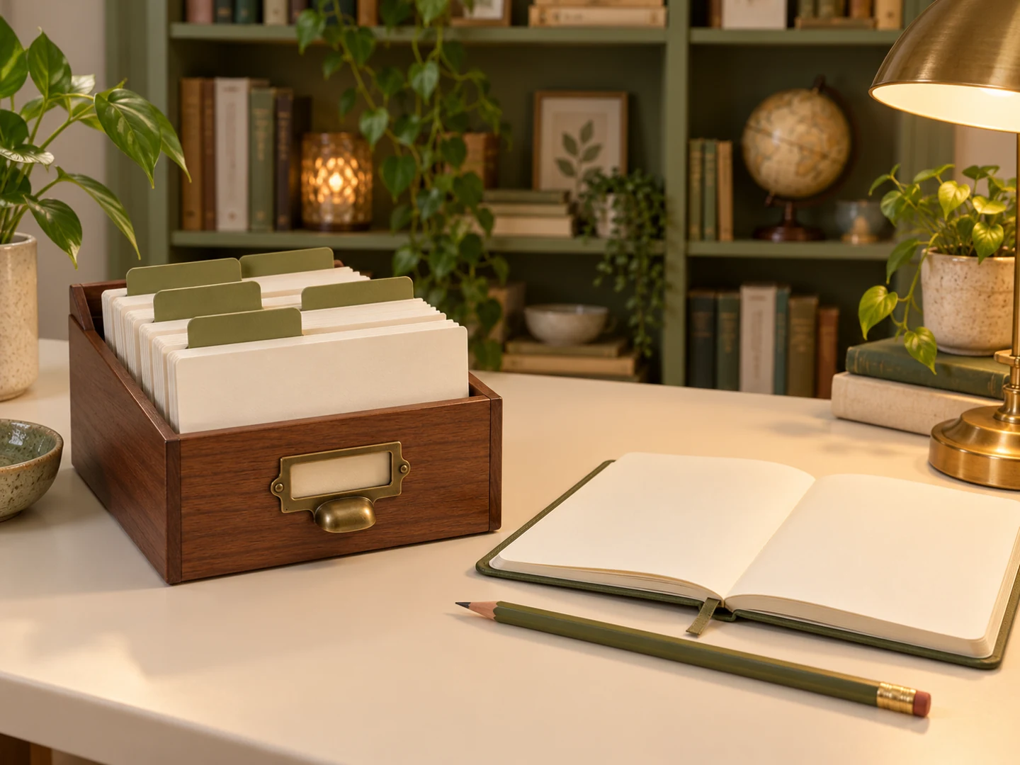 Blank index cards with olive dividers beside an open notebook.