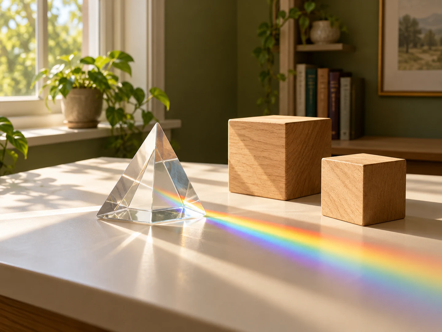 A glass prism and wooden cubes on a softly lit cream study desk.