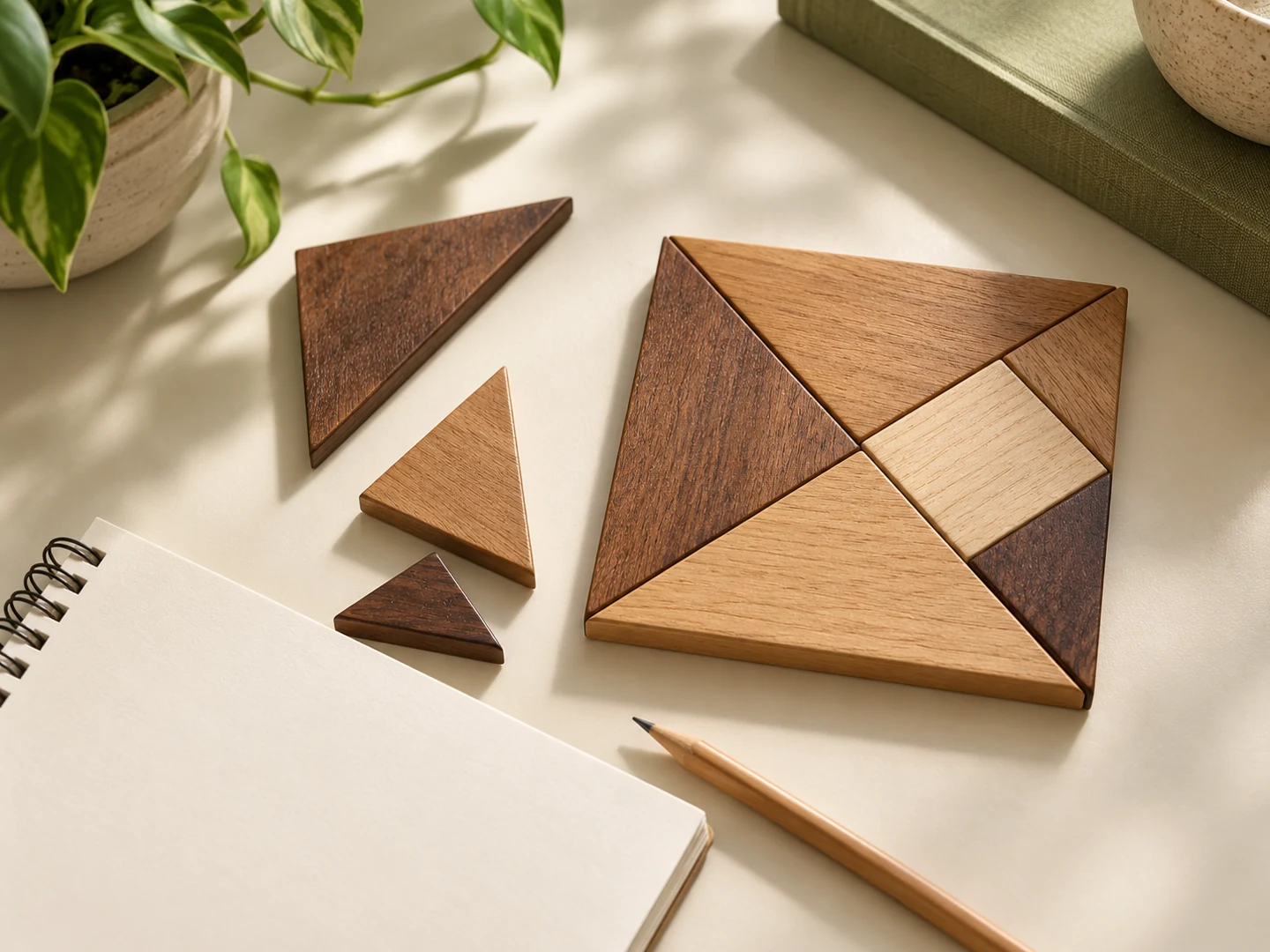 A wooden geometric puzzle, notebook and pencil on a cream desk.