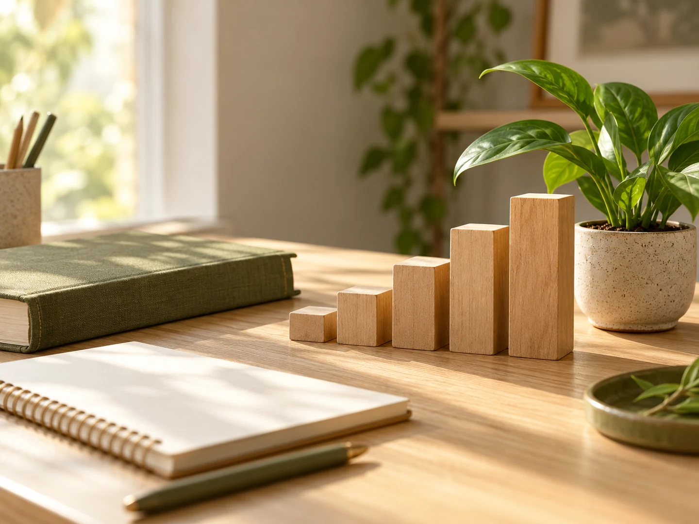 Graduated wooden blocks, a small plant and olive notebook on a cream study desk.