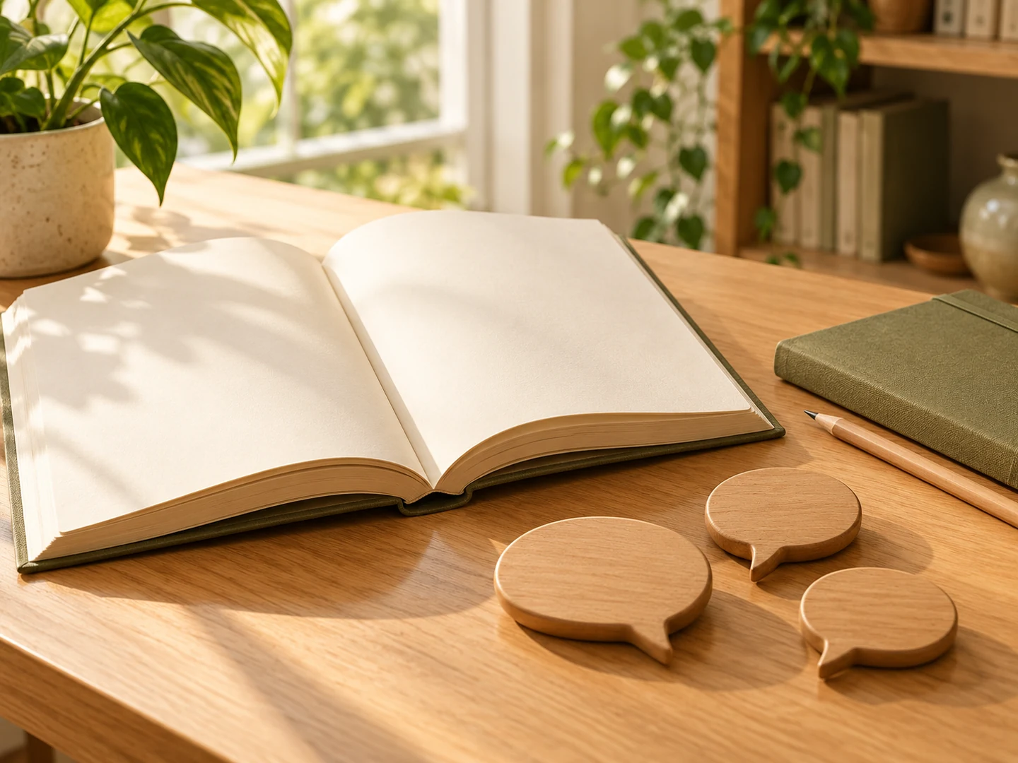 An open blank book and three wooden speech-bubble forms on a warm oak desk.