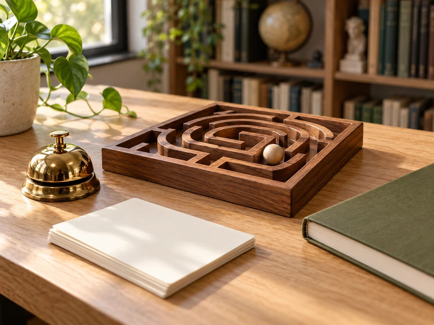 A brass desk bell, wooden tabletop maze and blank index cards in a quiet study room.