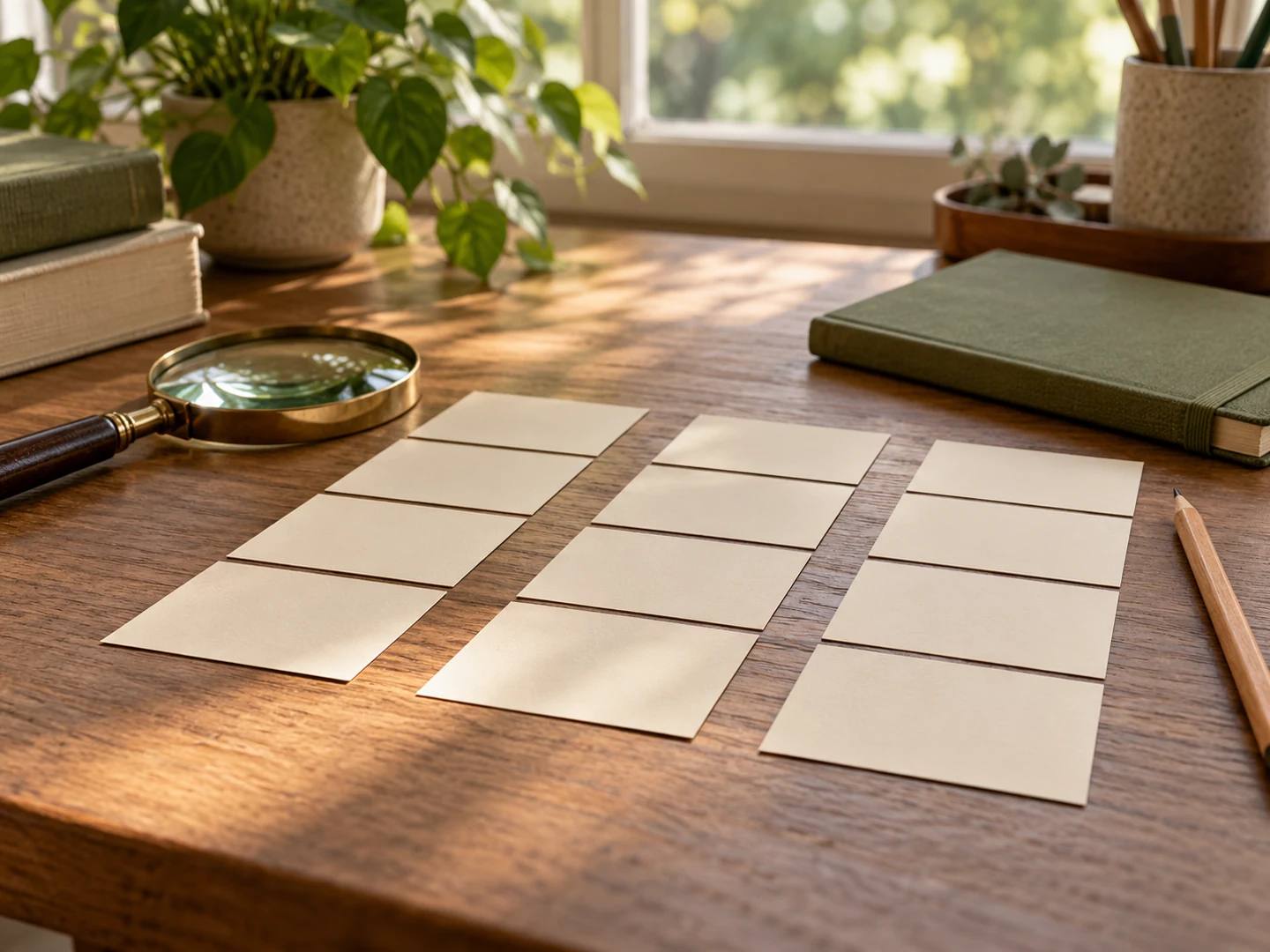 Blank observation cards in parallel rows beside a magnifying glass and olive notebook.