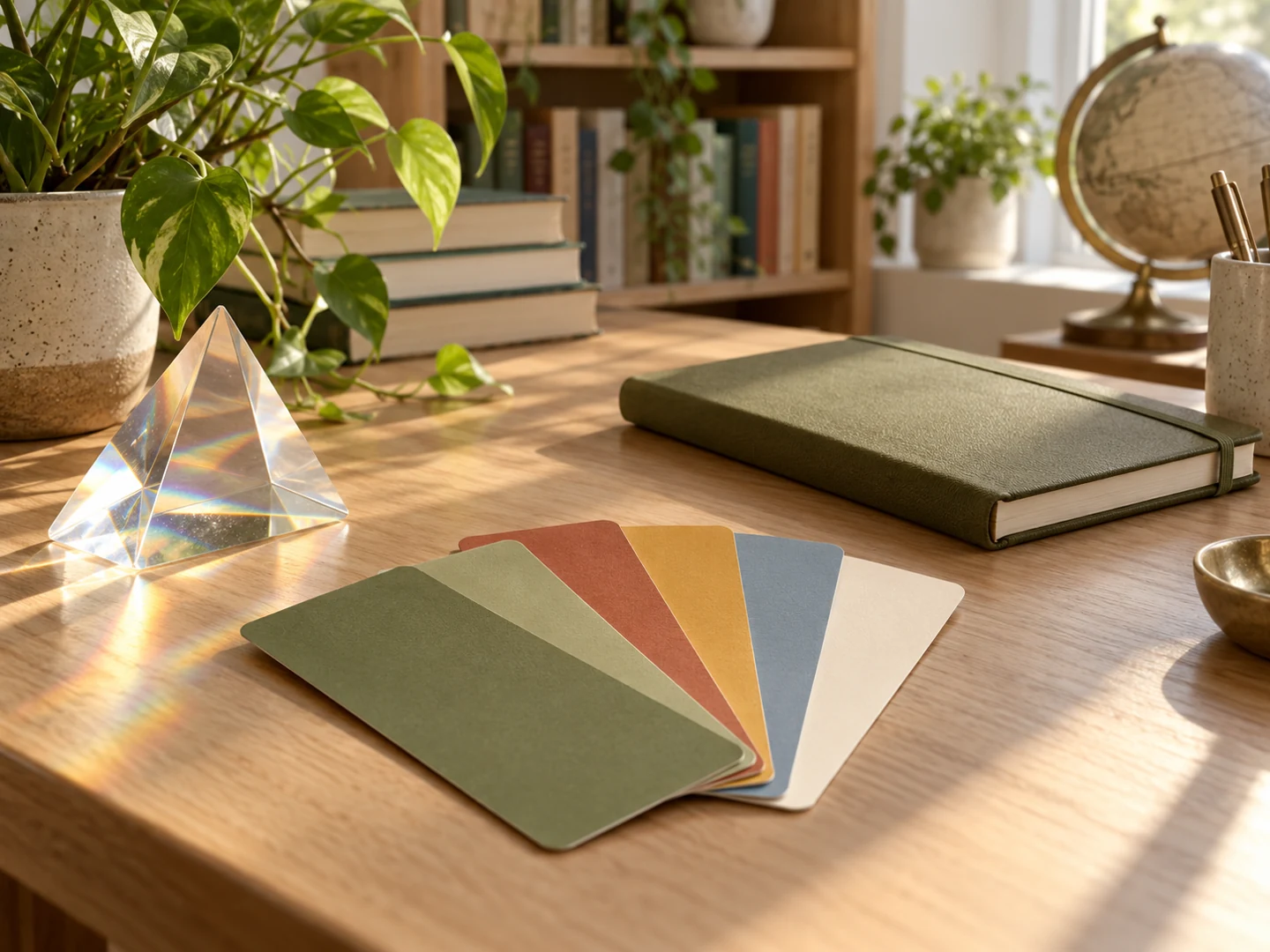 Muted color cards, a clear glass prism and olive notebook in a calm study room.