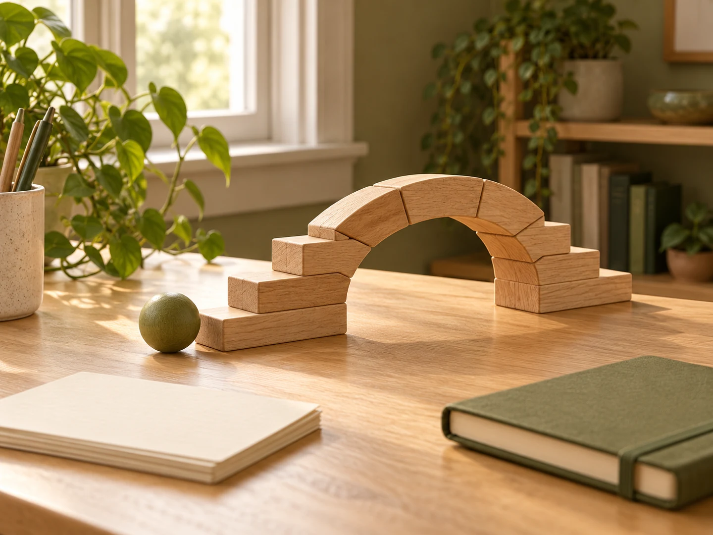 A wooden arch bridge, olive ball and blank notebook on a warm oak desk.