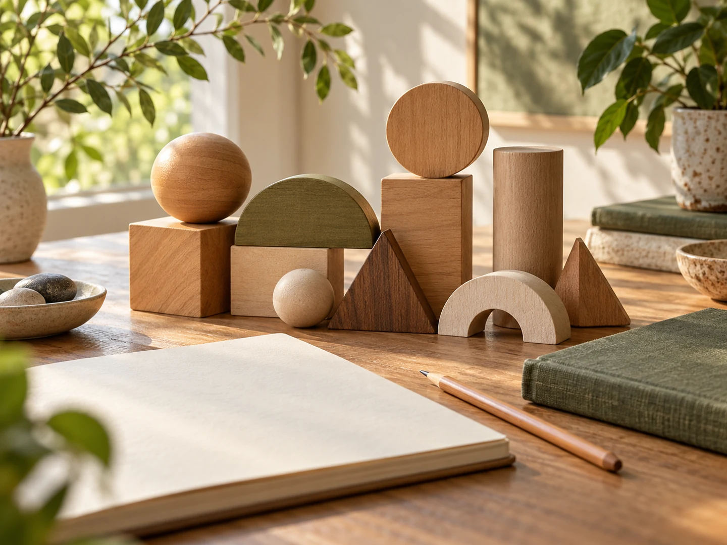 Varied wooden geometric blocks arranged together on a softly lit cream study desk.