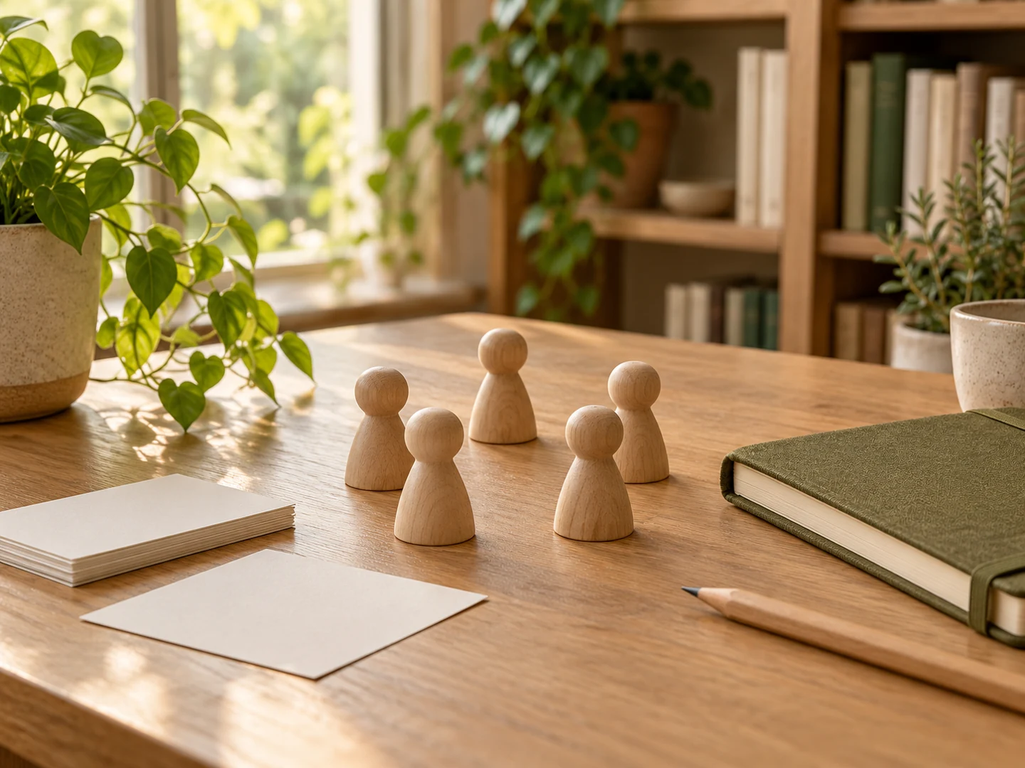 Five wooden game pawns in a loose circle beside blank cards and an olive notebook.