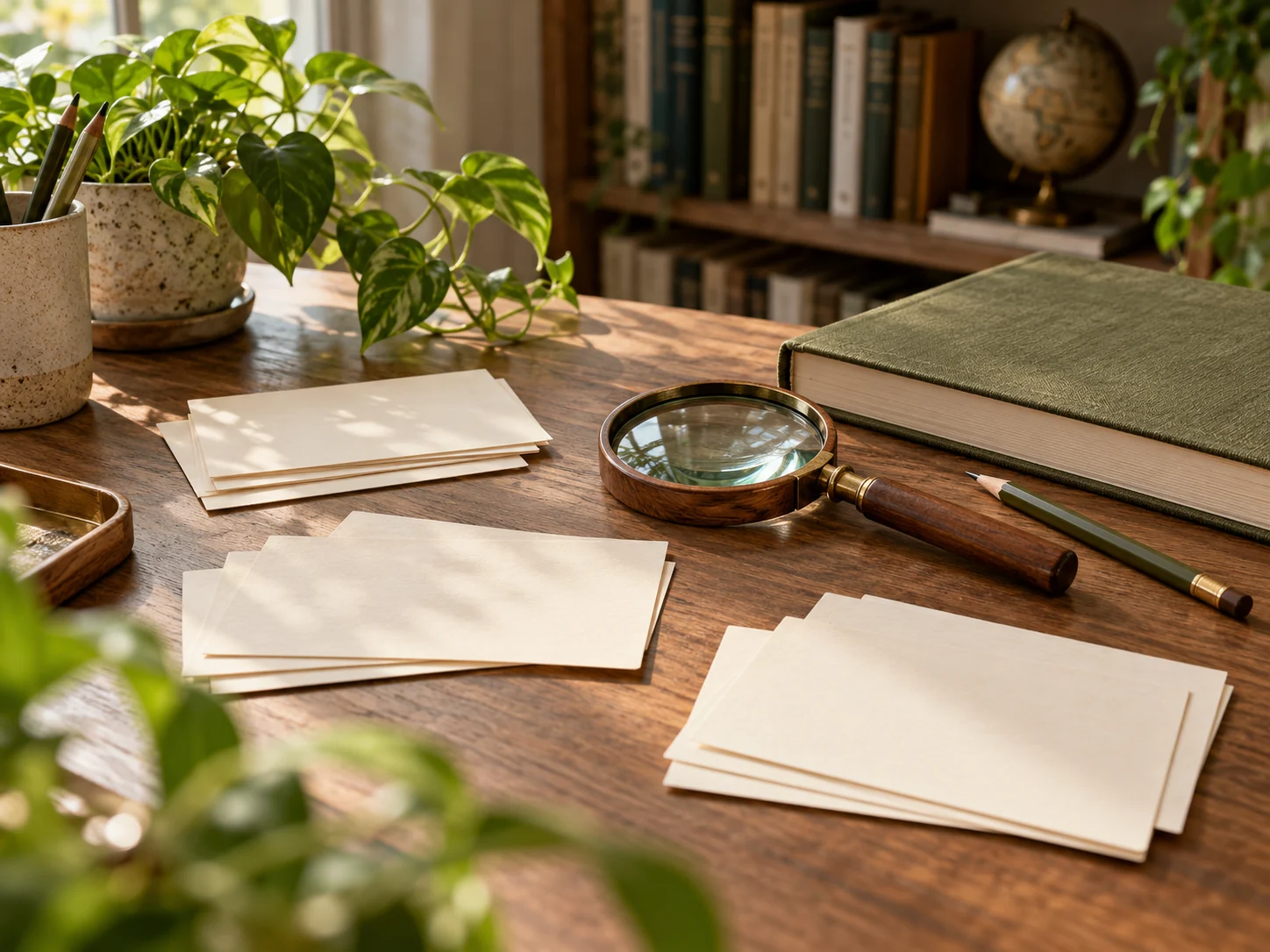 Blank cards, a wooden magnifying glass and olive book on a warm study desk.