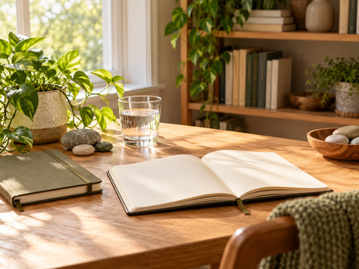 Blank journals, water, smooth stones and an olive notebook on a sunlit oak desk.