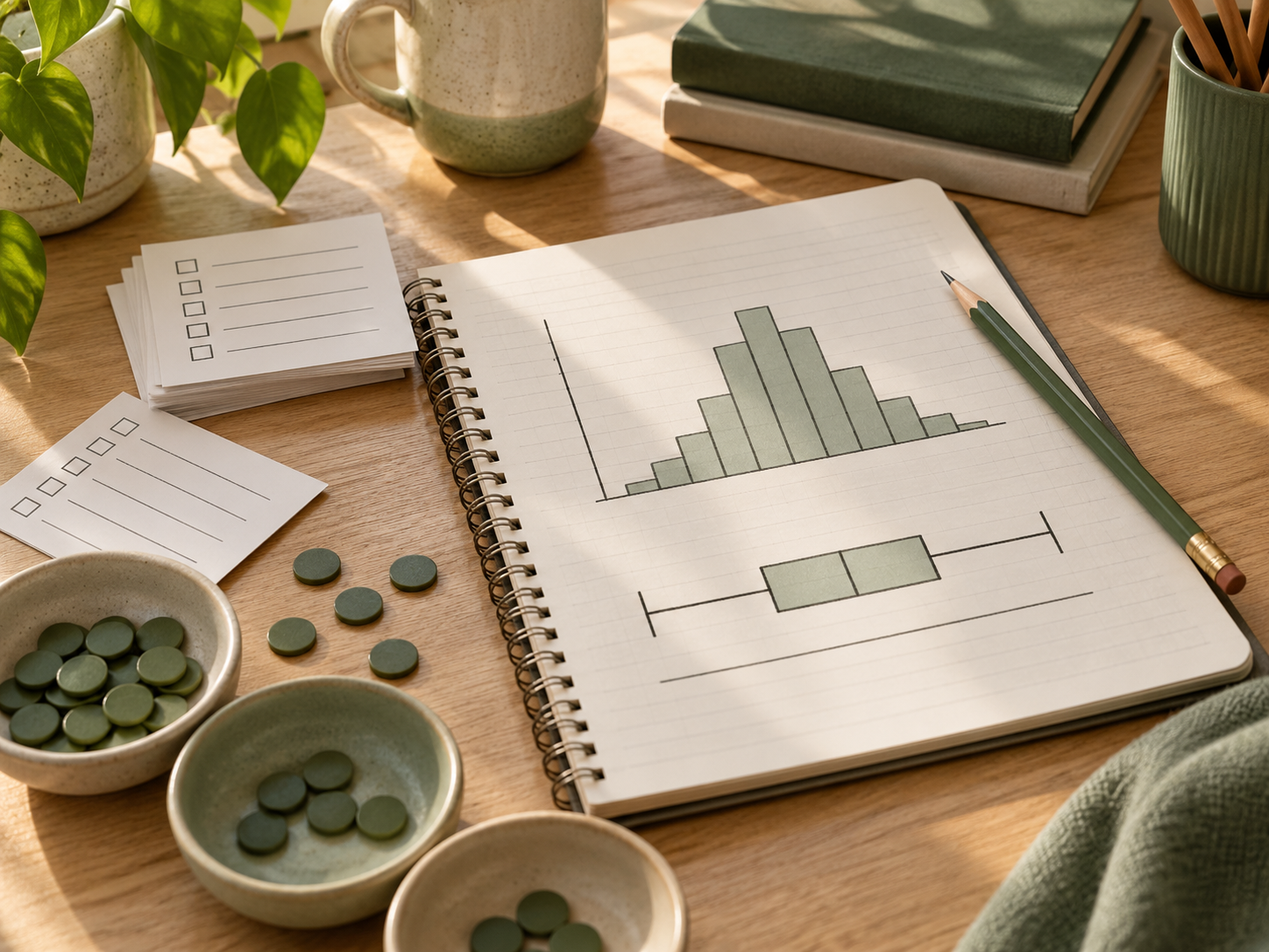 Survey cards, olive counters and a notebook with a histogram and boxplot.