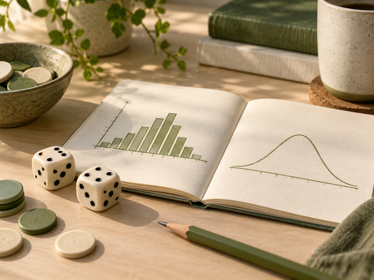 Dice and counters beside a notebook with probability charts.