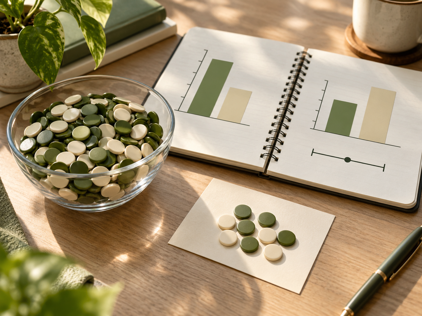 A small sample of olive and cream counters beside a larger bowl and proportion charts.