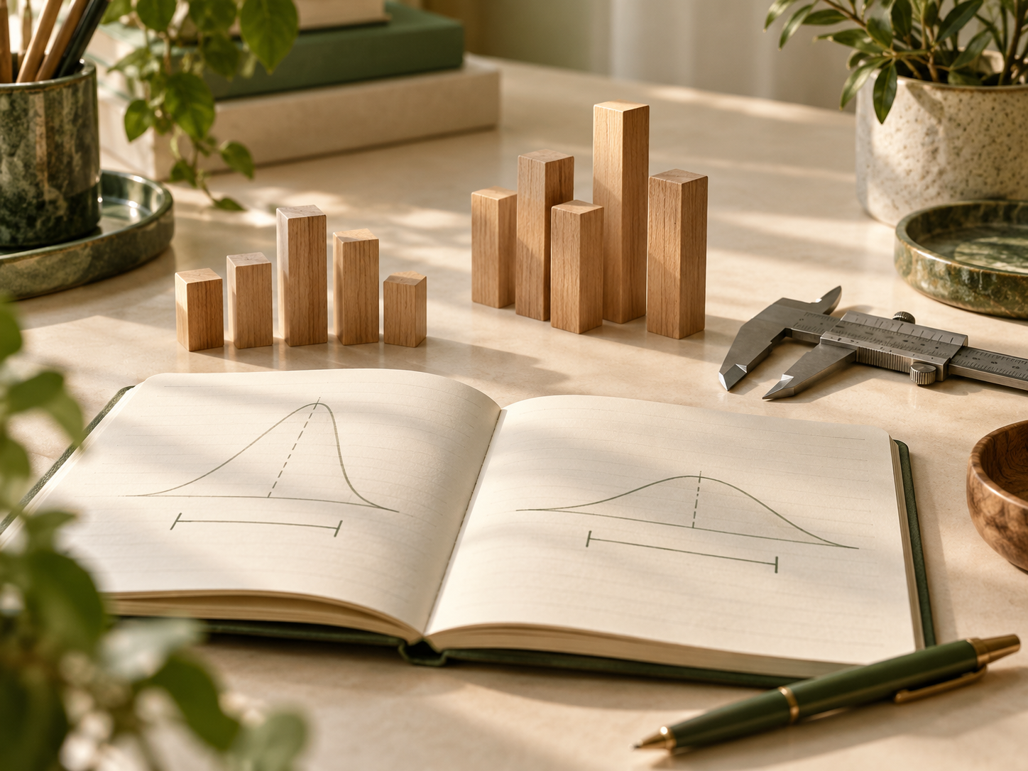 Two groups of wooden measurement blocks beside a caliper and a notebook with distribution and interval sketches.