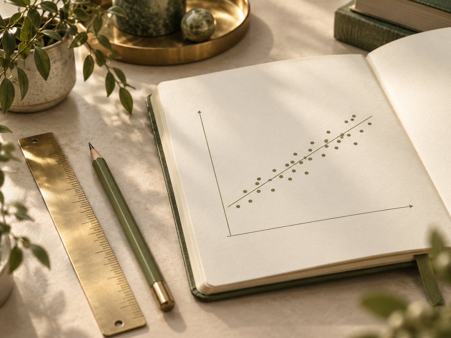 An olive scatterplot and fitted line in a cream notebook beside a ruler and pencil.