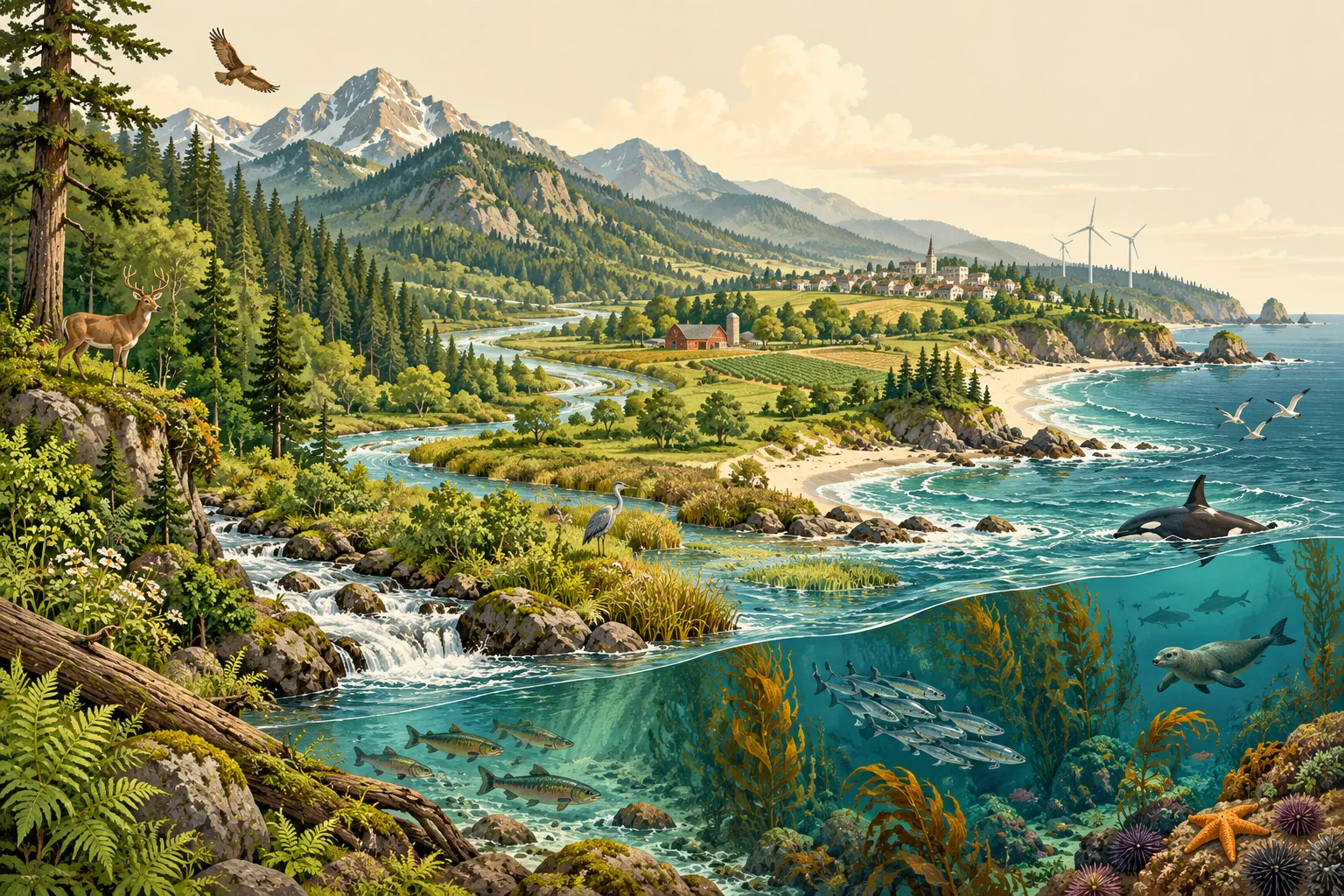 Illustrated landscape connecting forests, a watershed, farms, renewable energy and coastal ecosystems.